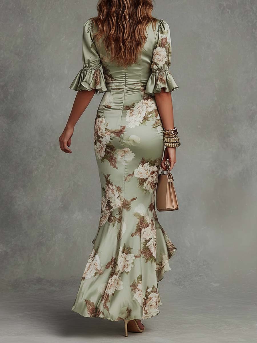 Anna - Long asymmetrical green satin dress with a V-neck, gathered bell sleeves, and a floral pattern