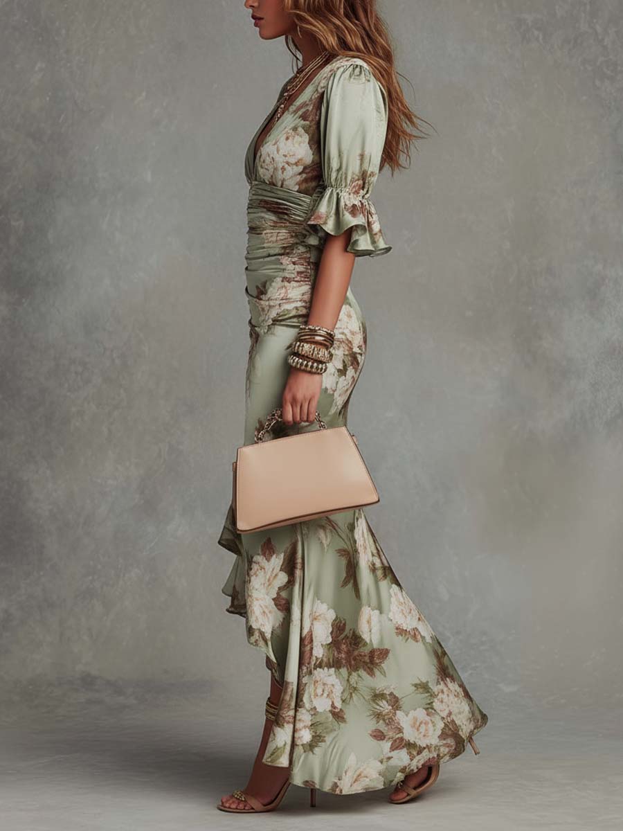 Anna - Long asymmetrical green satin dress with a V-neck, gathered bell sleeves, and a floral pattern