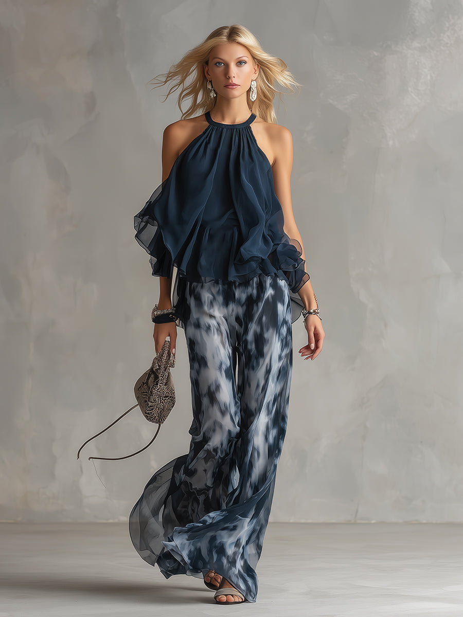 Ludovica - an elegant chiffon outfit featuring a high-neck top and wide-leg printed pants