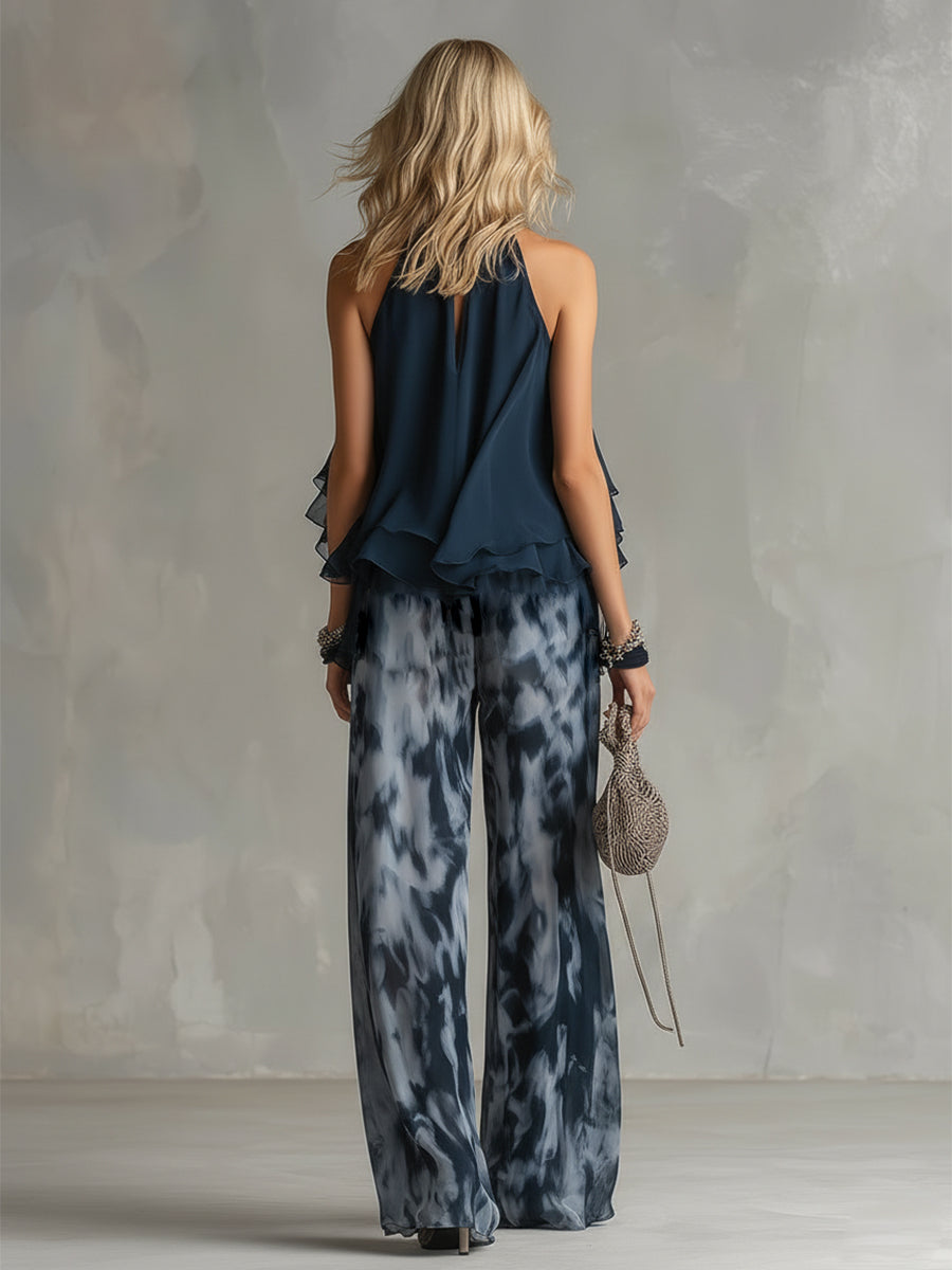 Ludovica - an elegant chiffon outfit featuring a high-neck top and wide-leg printed pants