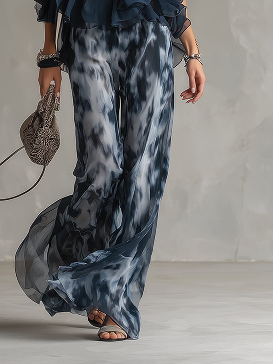 Ludovica - an elegant chiffon outfit featuring a high-neck top and wide-leg printed pants