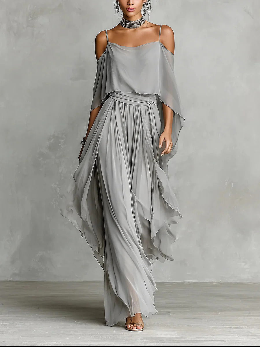 Isabela | Flowy gray set with a spaghetti-strap top and lightweight pants