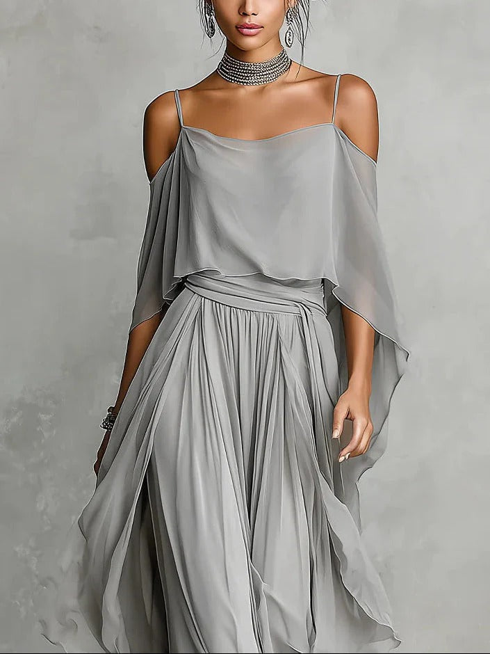 Isabela | Flowy gray set with a spaghetti-strap top and lightweight pants