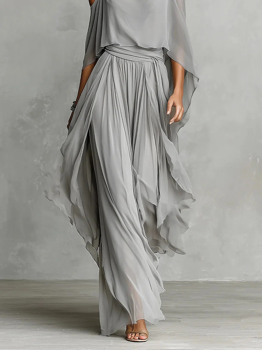 Isabela | Flowy gray set with a spaghetti-strap top and lightweight pants