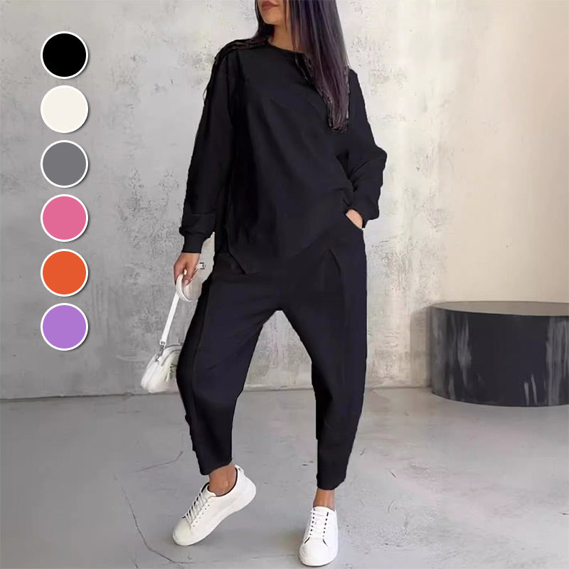 Women's Long-Sleeve Sweatshirt and Pants Set with Asymmetrical Hem