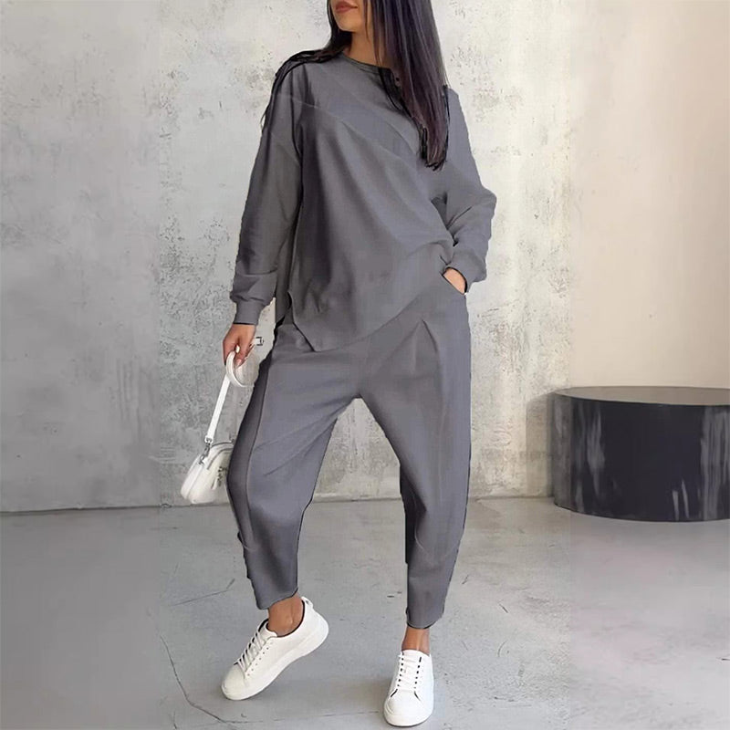 Women's Long-Sleeve Sweatshirt and Pants Set with Asymmetrical Hem