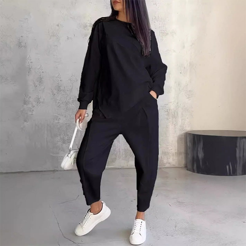 Women's Long-Sleeve Sweatshirt and Pants Set with Asymmetrical Hem