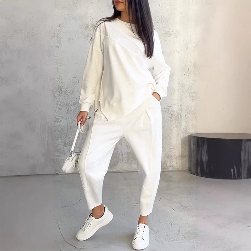 Women's Long-Sleeve Sweatshirt and Pants Set with Asymmetrical Hem
