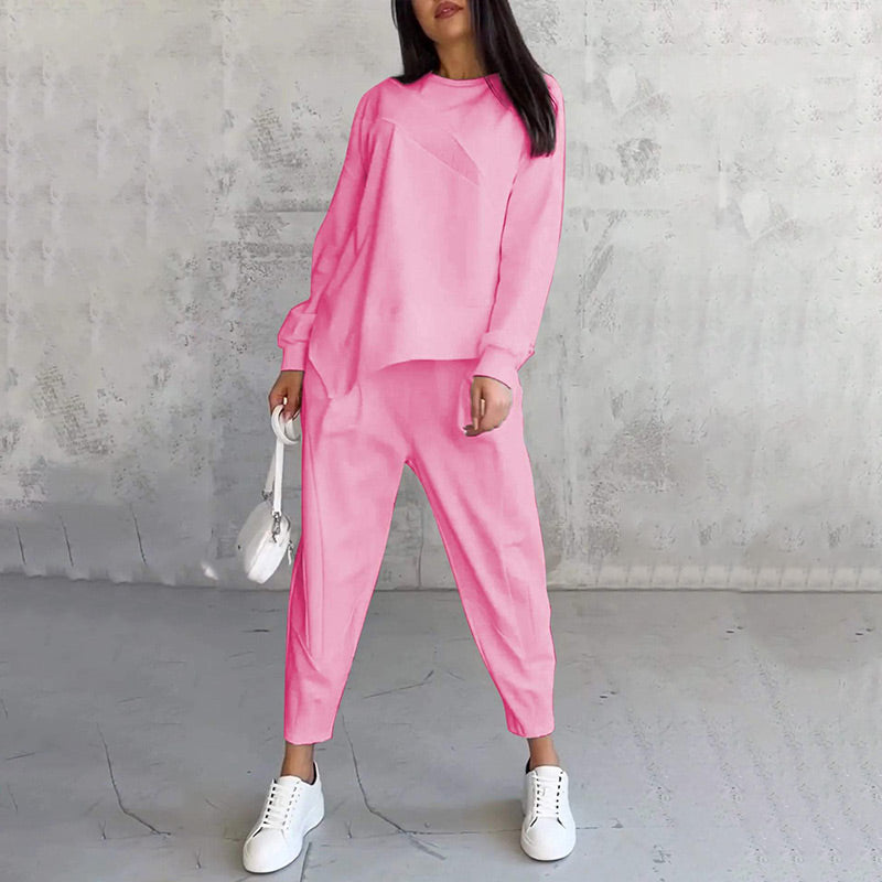 Women's Long-Sleeve Sweatshirt and Pants Set with Asymmetrical Hem