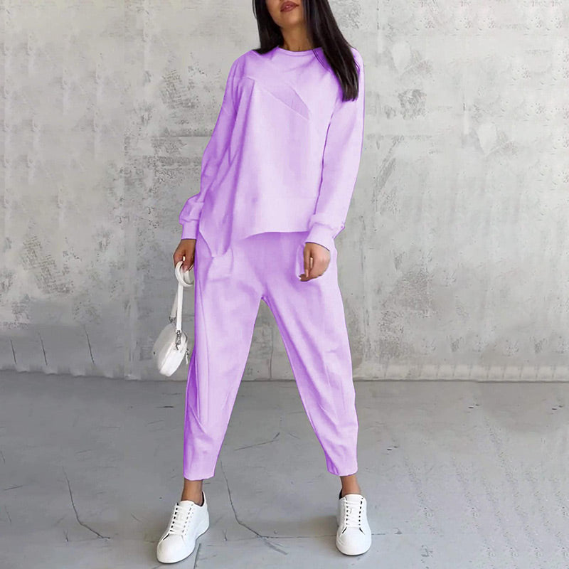 Women's Long-Sleeve Sweatshirt and Pants Set with Asymmetrical Hem