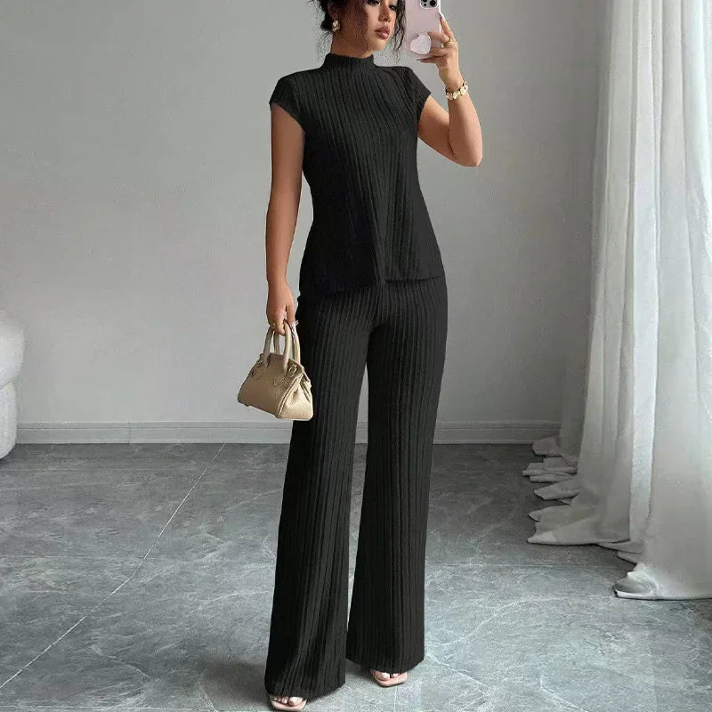 Clara | Elegant Mock Neck Top & Wide-Leg Pants 2-Piece Set