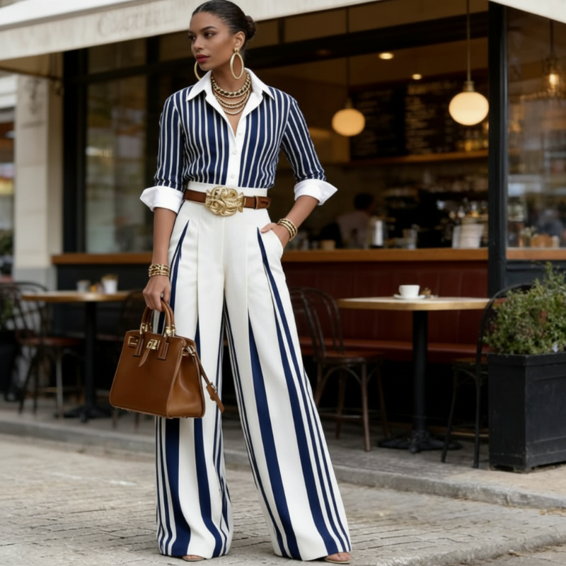 Women's 2-piece set: striped shirt and wide-leg pants