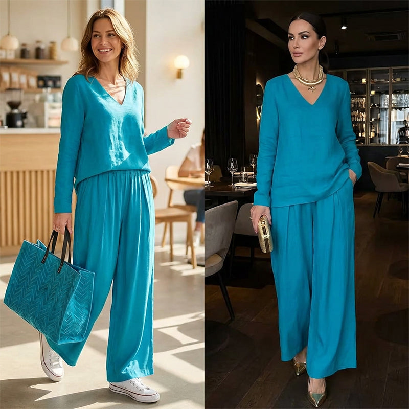 V-Neck Lounge Set with Wide-Leg Pants