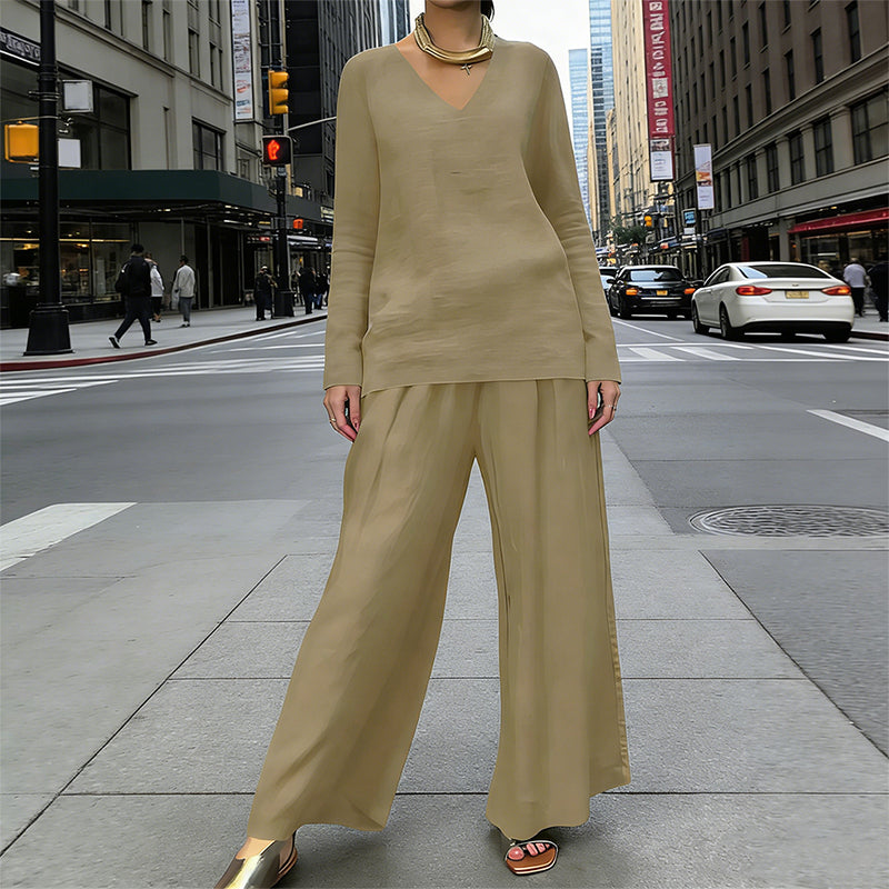 V-Neck Lounge Set with Wide-Leg Pants