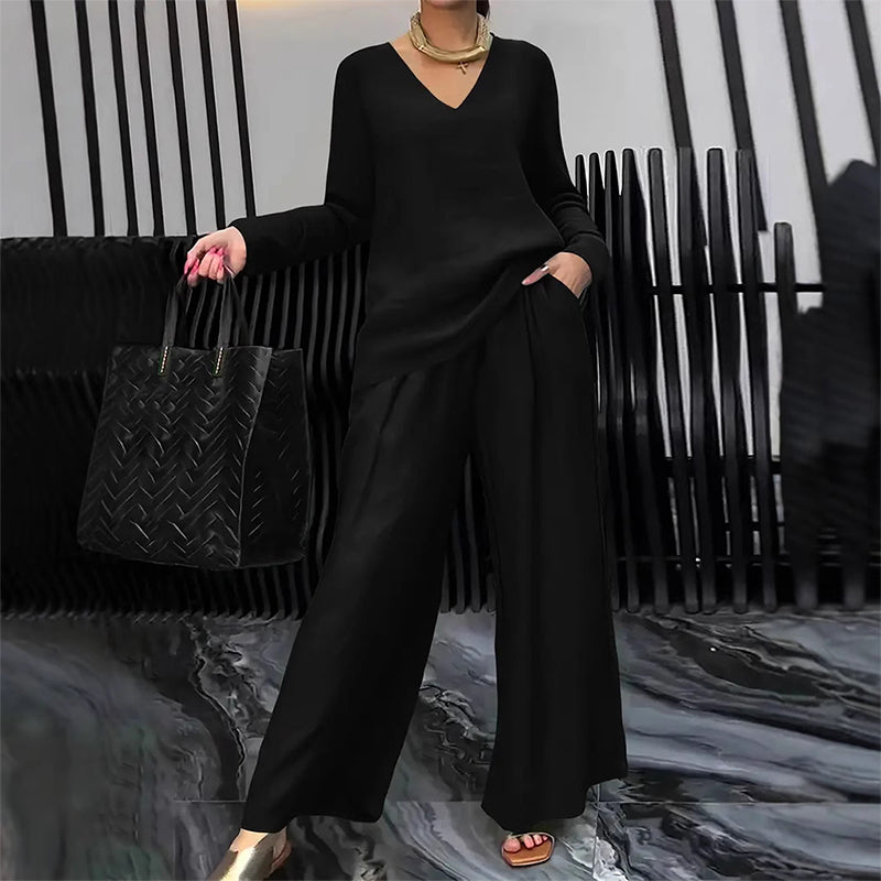 V-Neck Lounge Set with Wide-Leg Pants