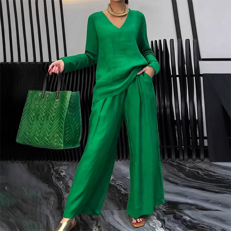 V-Neck Lounge Set with Wide-Leg Pants