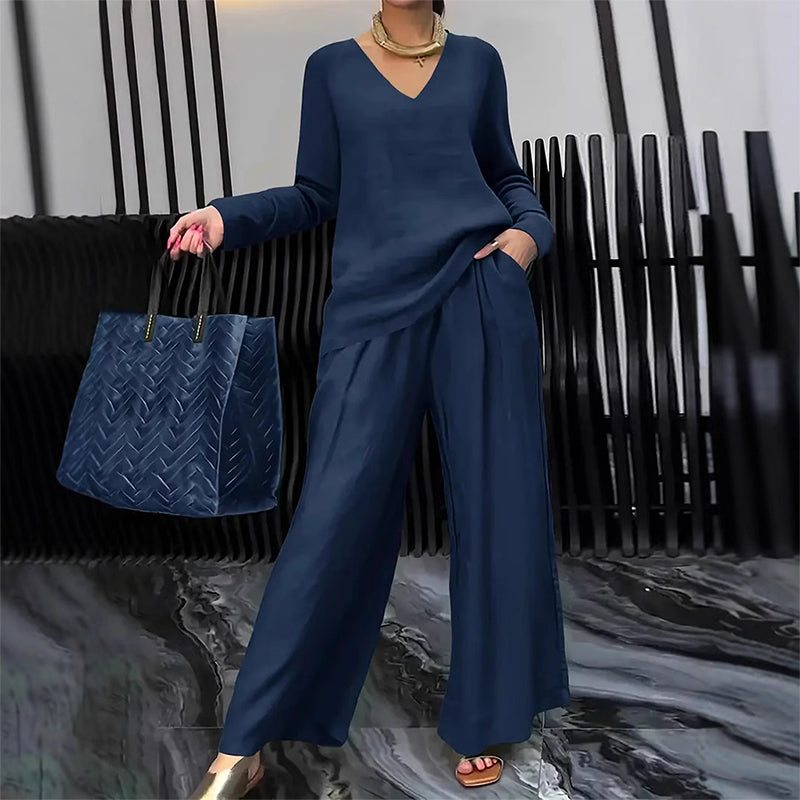 V-Neck Lounge Set with Wide-Leg Pants