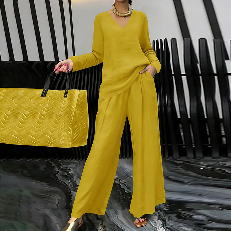 V-Neck Lounge Set with Wide-Leg Pants