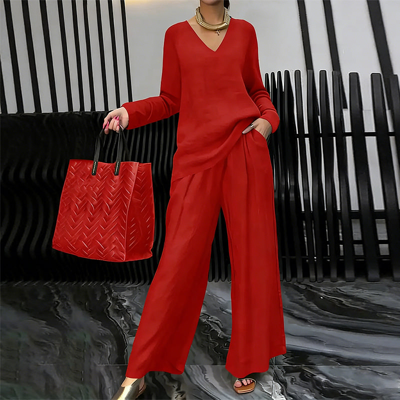 V-Neck Lounge Set with Wide-Leg Pants