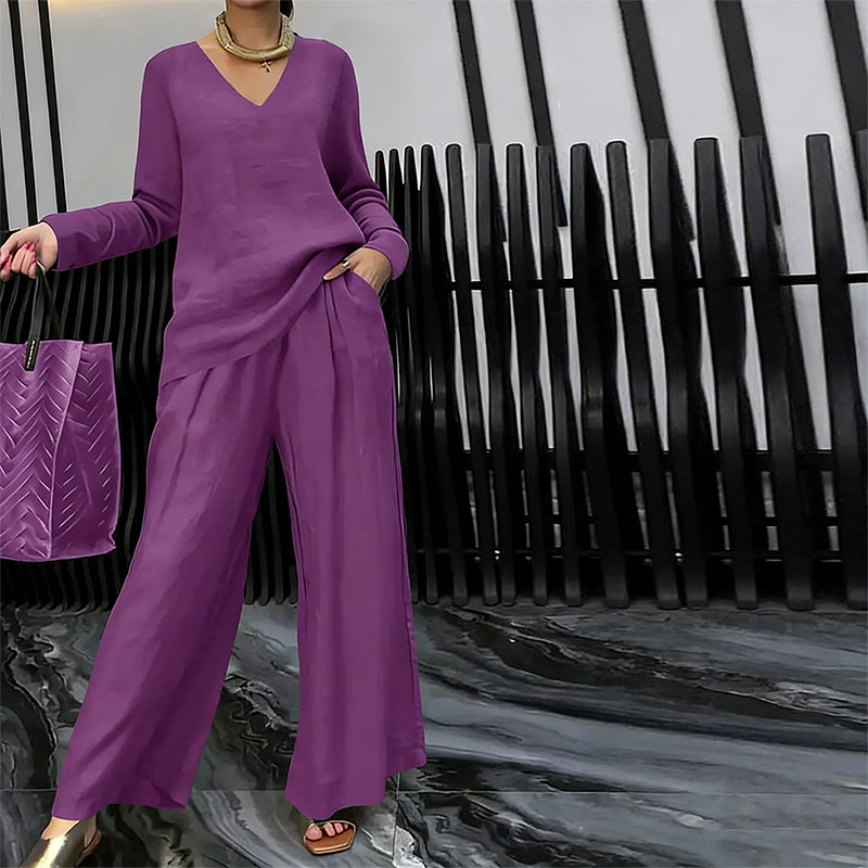 V-Neck Lounge Set with Wide-Leg Pants