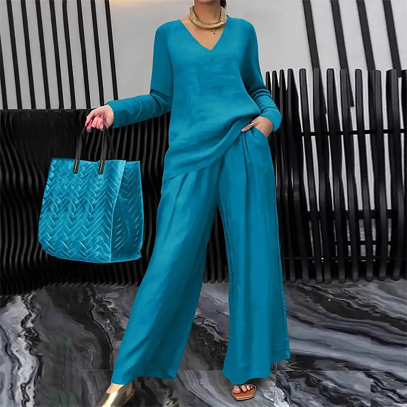 V-Neck Lounge Set with Wide-Leg Pants