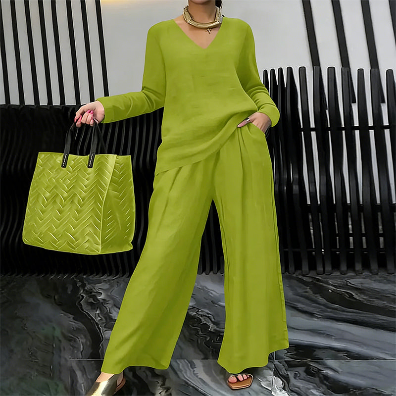 V-Neck Lounge Set with Wide-Leg Pants