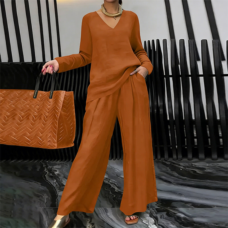 V-Neck Lounge Set with Wide-Leg Pants