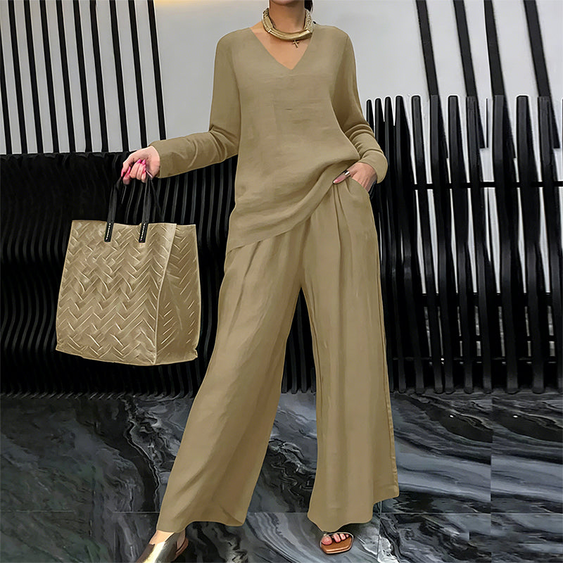 V-Neck Lounge Set with Wide-Leg Pants